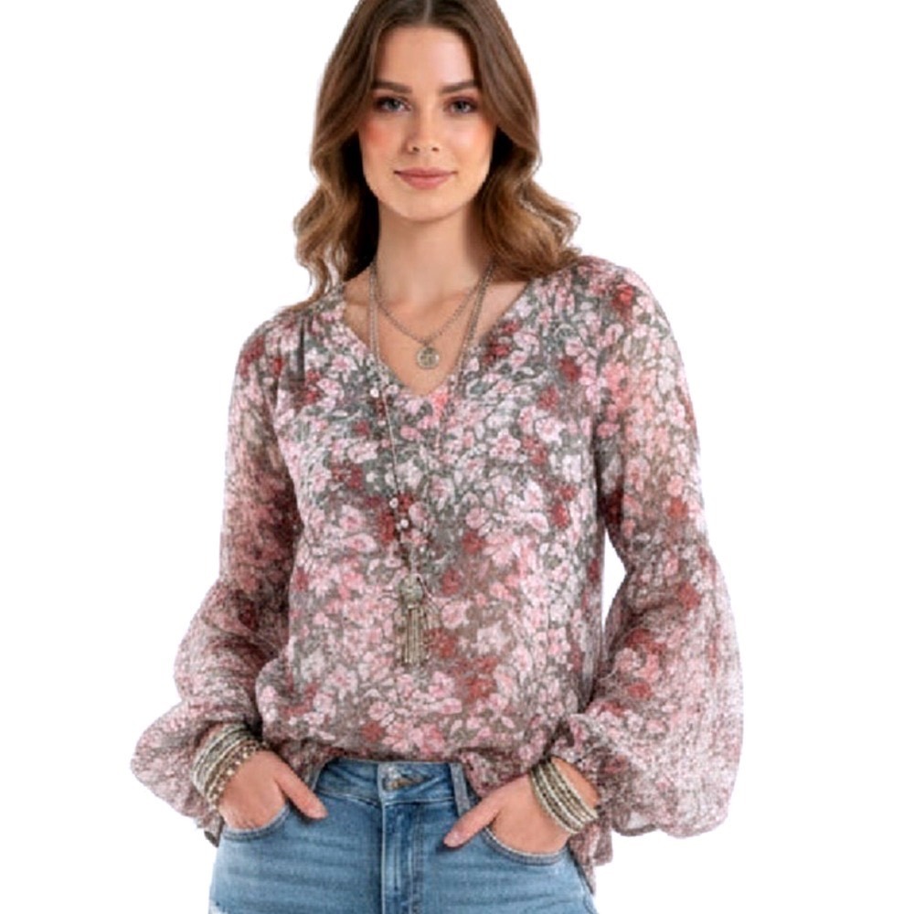 Pink Floral Chiffon V-Neck Balloon Sleeve Lined Boho Blouse Top Grey Medium